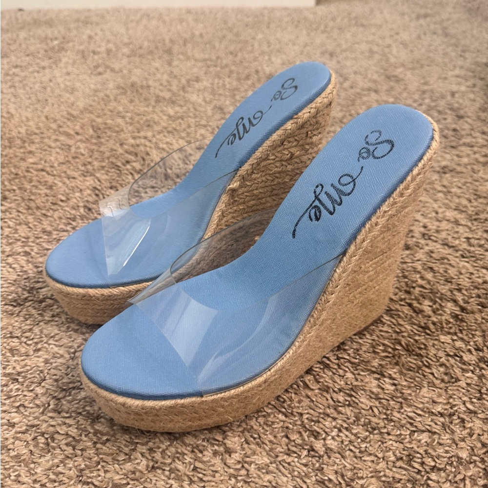 Elegant Blue and Tan Wedge Sandals with Transparent Strap